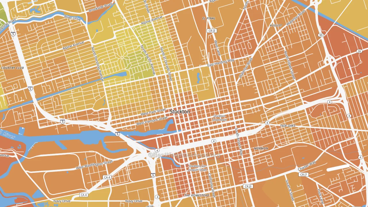 Map of the best neighborhoods in the 95202 area, with better matches in green and worse matches in red