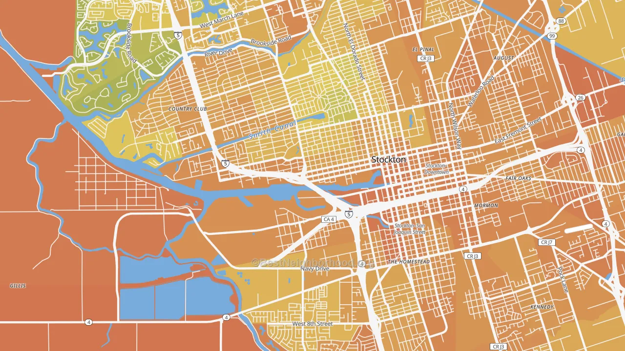 Map of the best neighborhoods in the 95203 area, with better matches in green and worse matches in red
