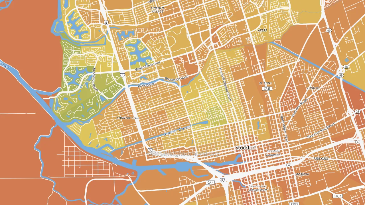 Map of the best neighborhoods in the 95204 area, with better matches in green and worse matches in red