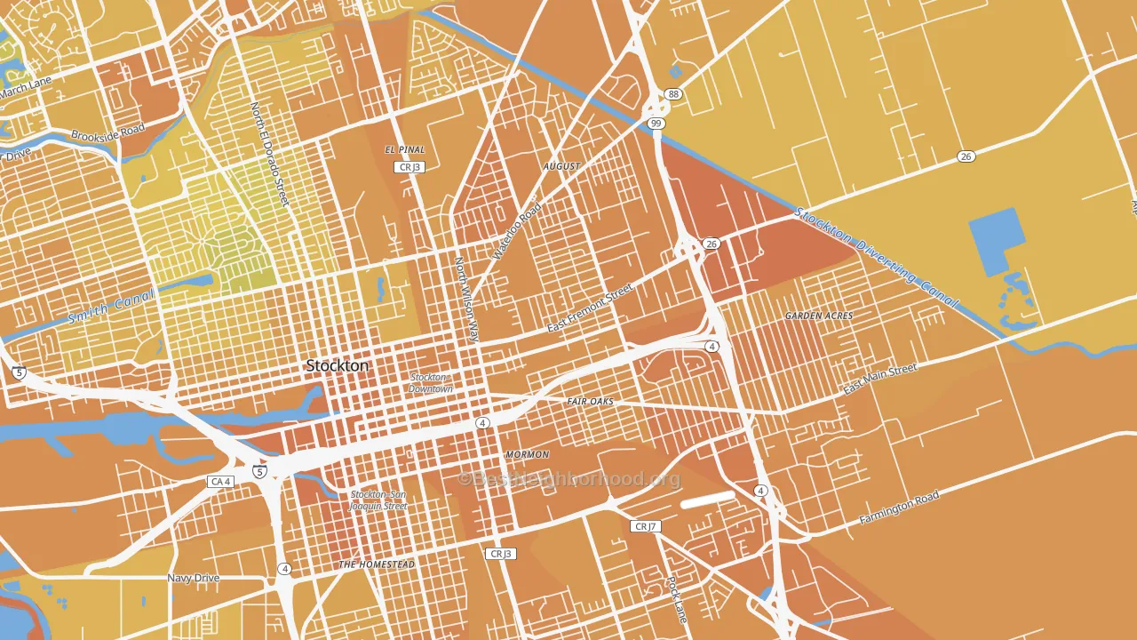 Map of the best neighborhoods in the 95205 area, with better matches in green and worse matches in red