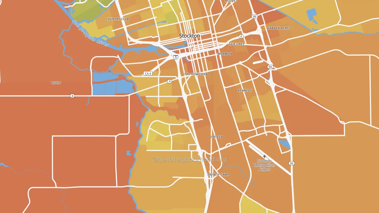 Map of the best neighborhoods in the 95206 area, with better matches in green and worse matches in red