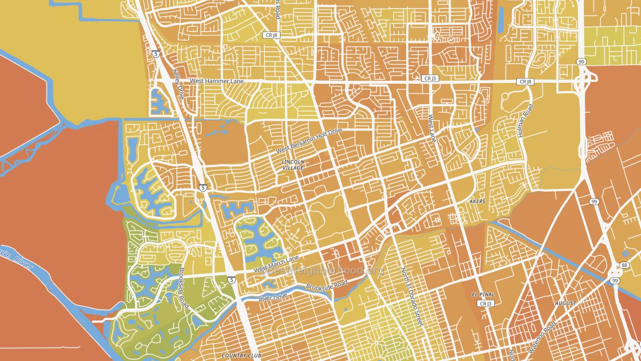 Map of the best neighborhoods in the 95207 area, with better matches in green and worse matches in red