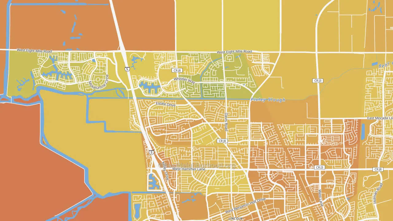 Map of the best neighborhoods in the 95209 area, with better matches in green and worse matches in red