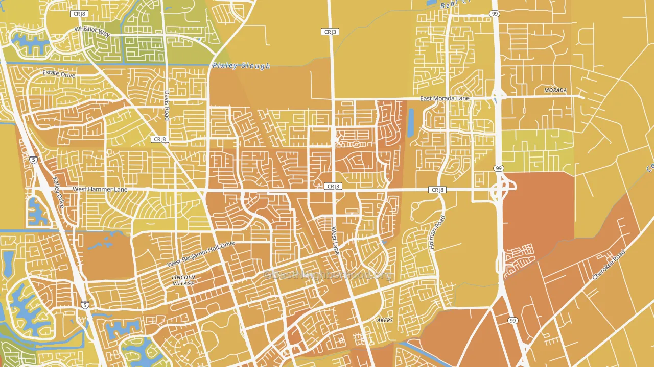 Map of the best neighborhoods in the 95210 area, with better matches in green and worse matches in red