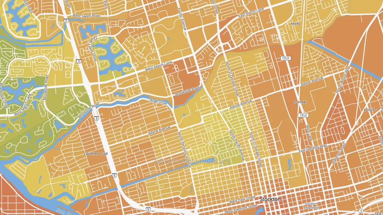 Map of the best neighborhoods in the 95211 area, with better matches in green and worse matches in red