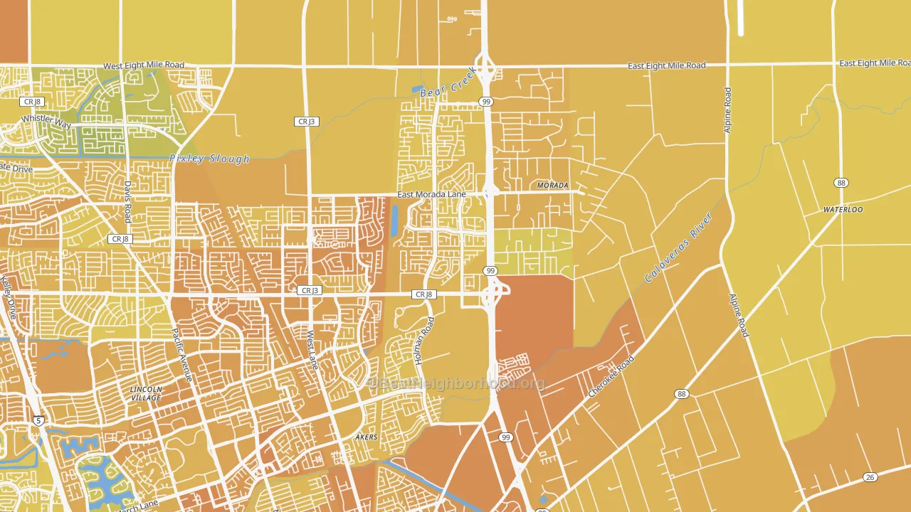 Map of the best neighborhoods in the 95212 area, with better matches in green and worse matches in red