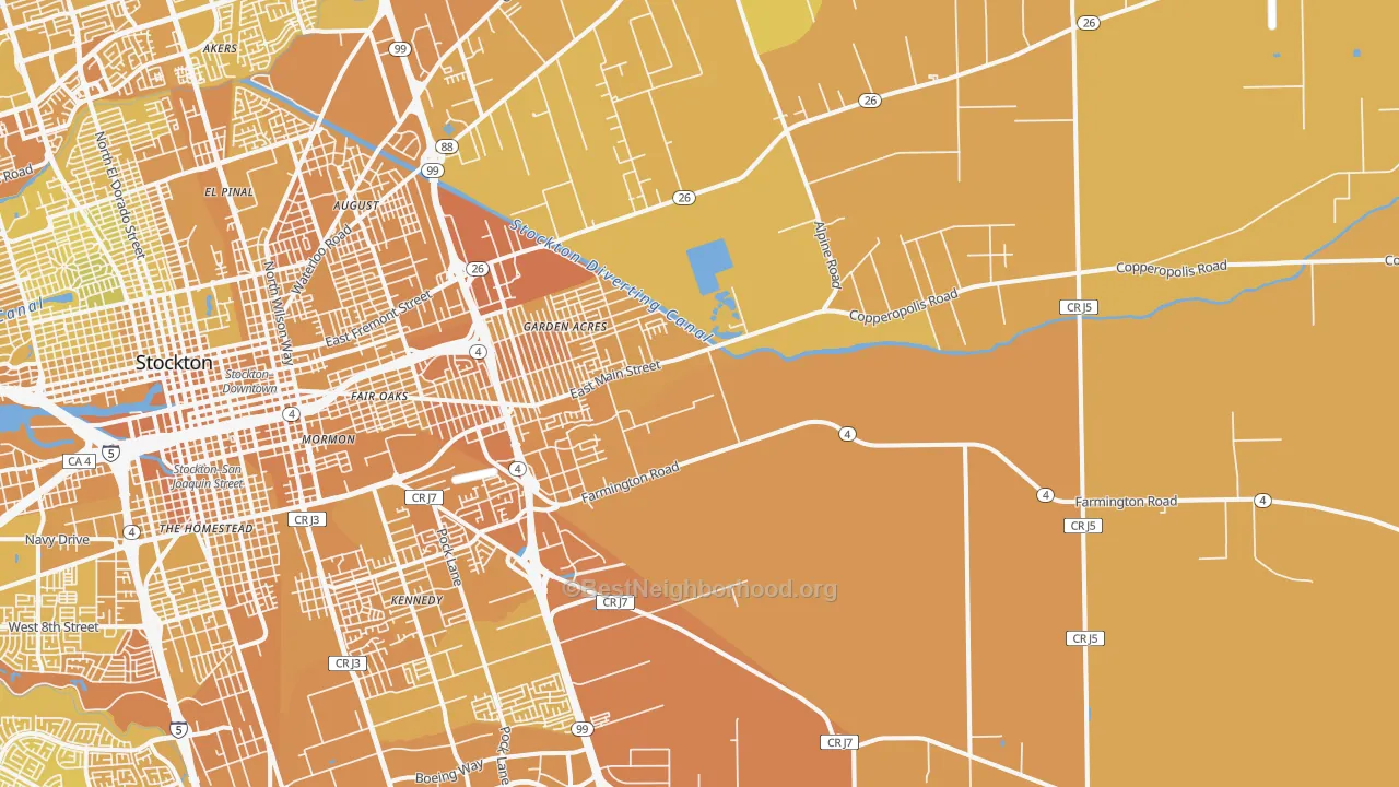 Map of the best neighborhoods in the 95215 area, with better matches in green and worse matches in red