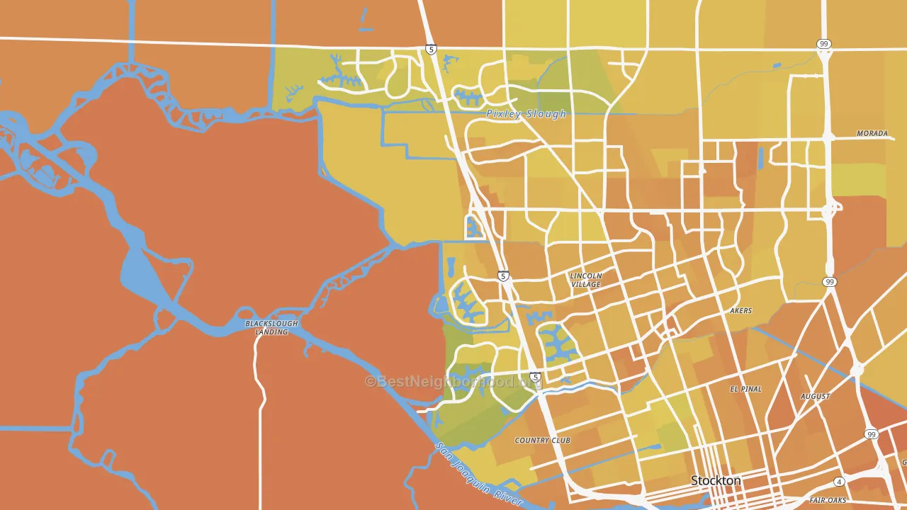 Map of the best neighborhoods in the 95219 area, with better matches in green and worse matches in red