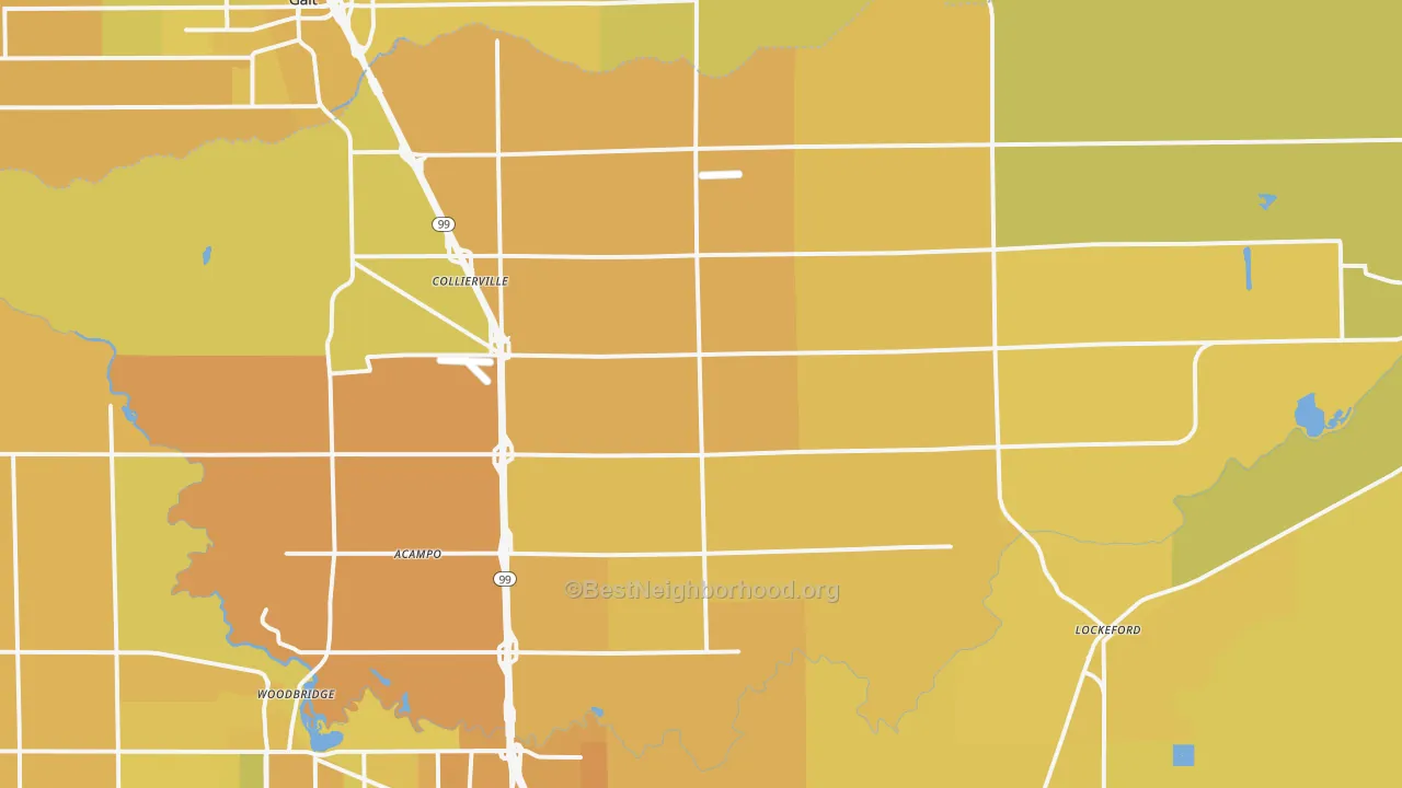 Map of the best neighborhoods in the 95220 area, with better matches in green and worse matches in red