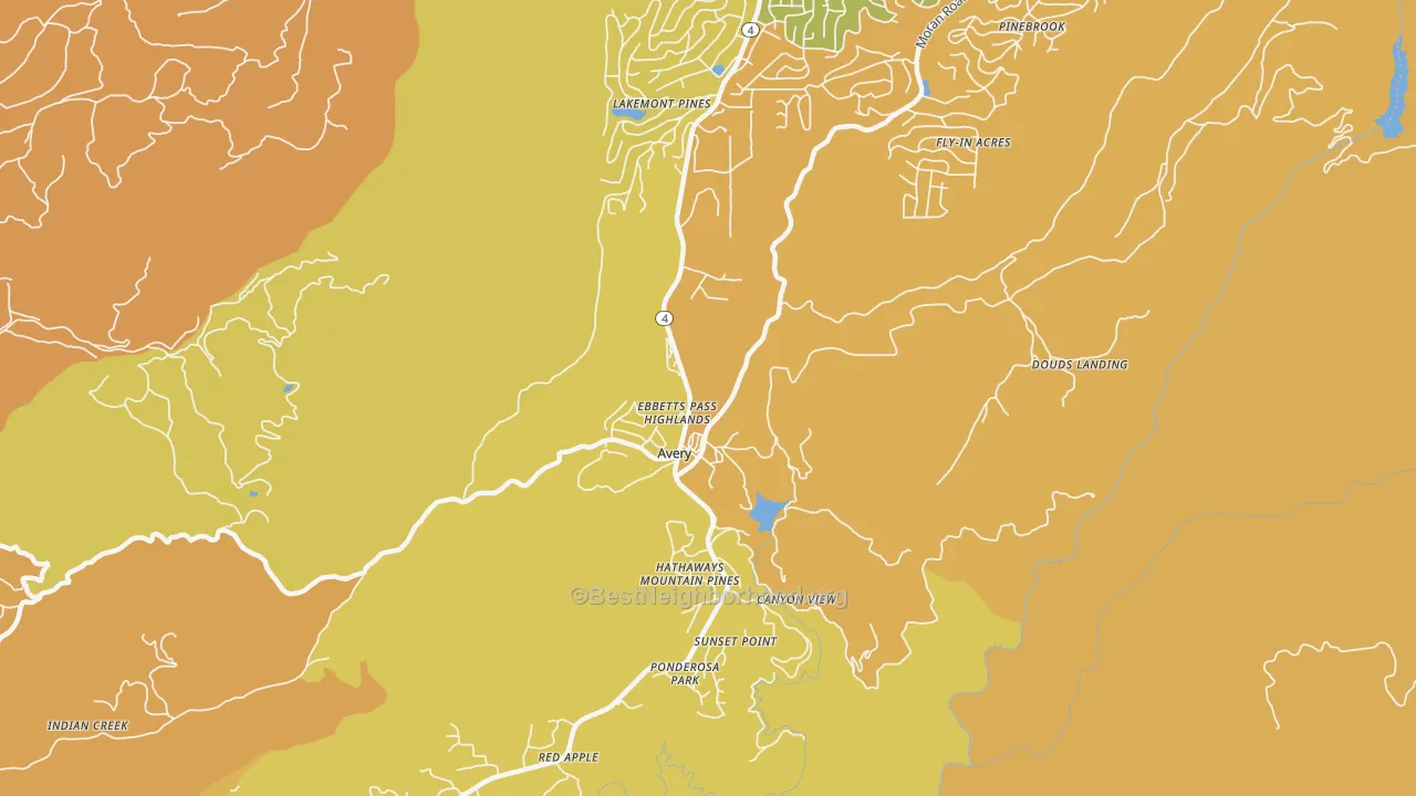Map of the best neighborhoods in the 95224 area, with better matches in green and worse matches in red