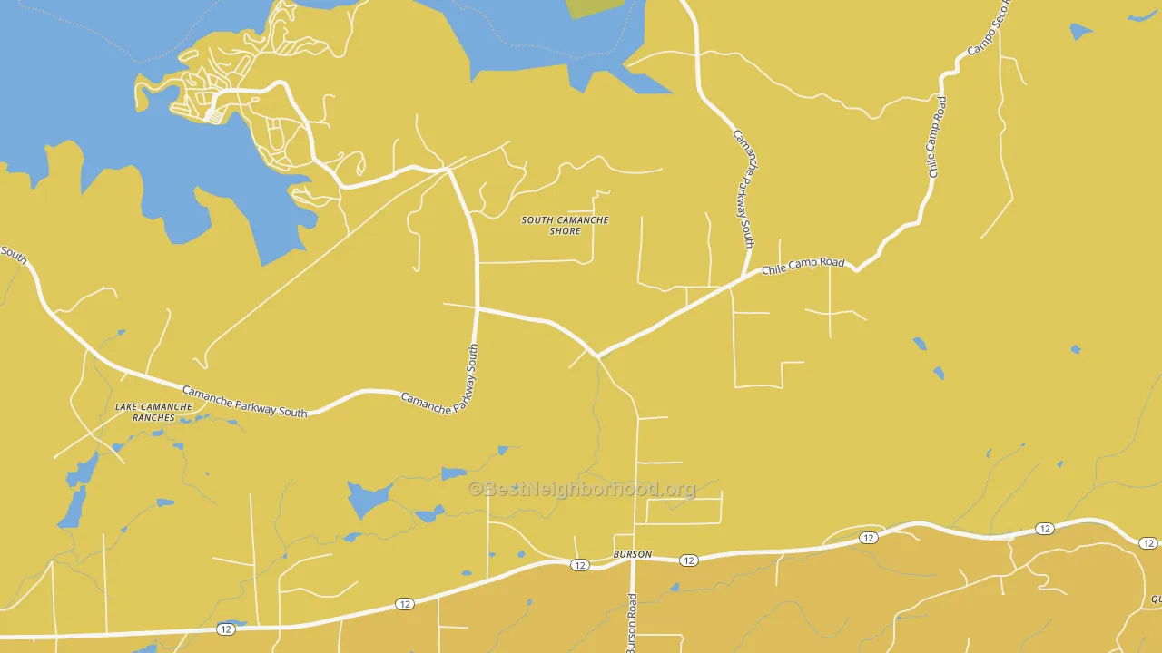 Map of the best neighborhoods in the 95225 area, with better matches in green and worse matches in red