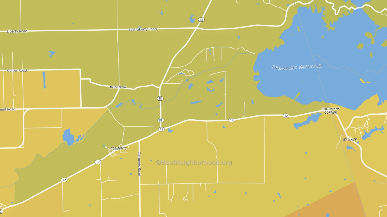 Map of the best neighborhoods in the 95227 area, with better matches in green and worse matches in red