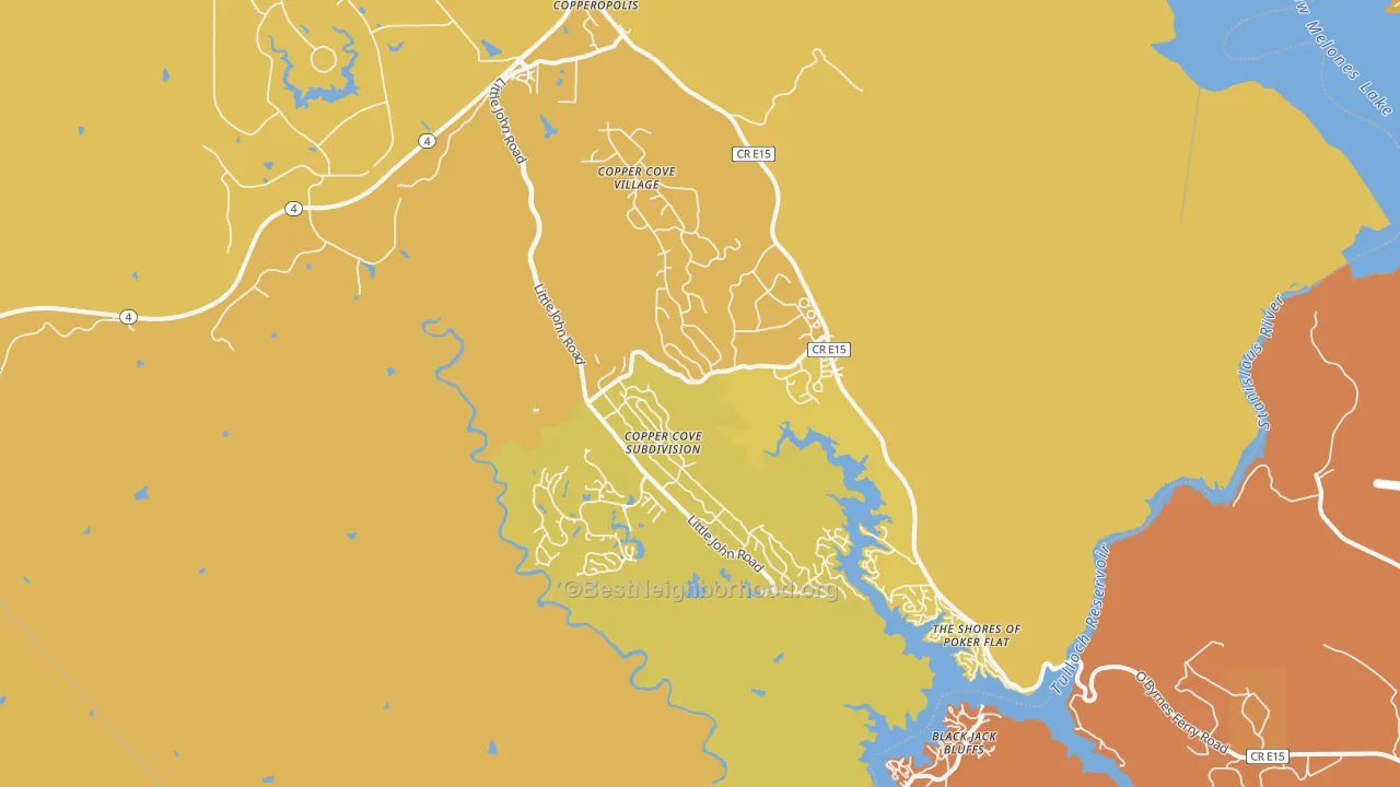 Map of the best neighborhoods in the 95228 area, with better matches in green and worse matches in red