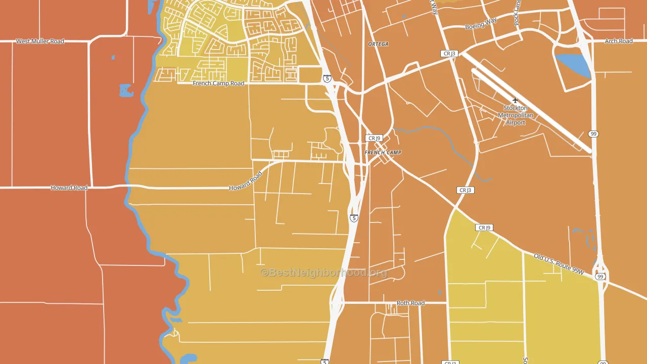 Map of the best neighborhoods in the 95231 area, with better matches in green and worse matches in red