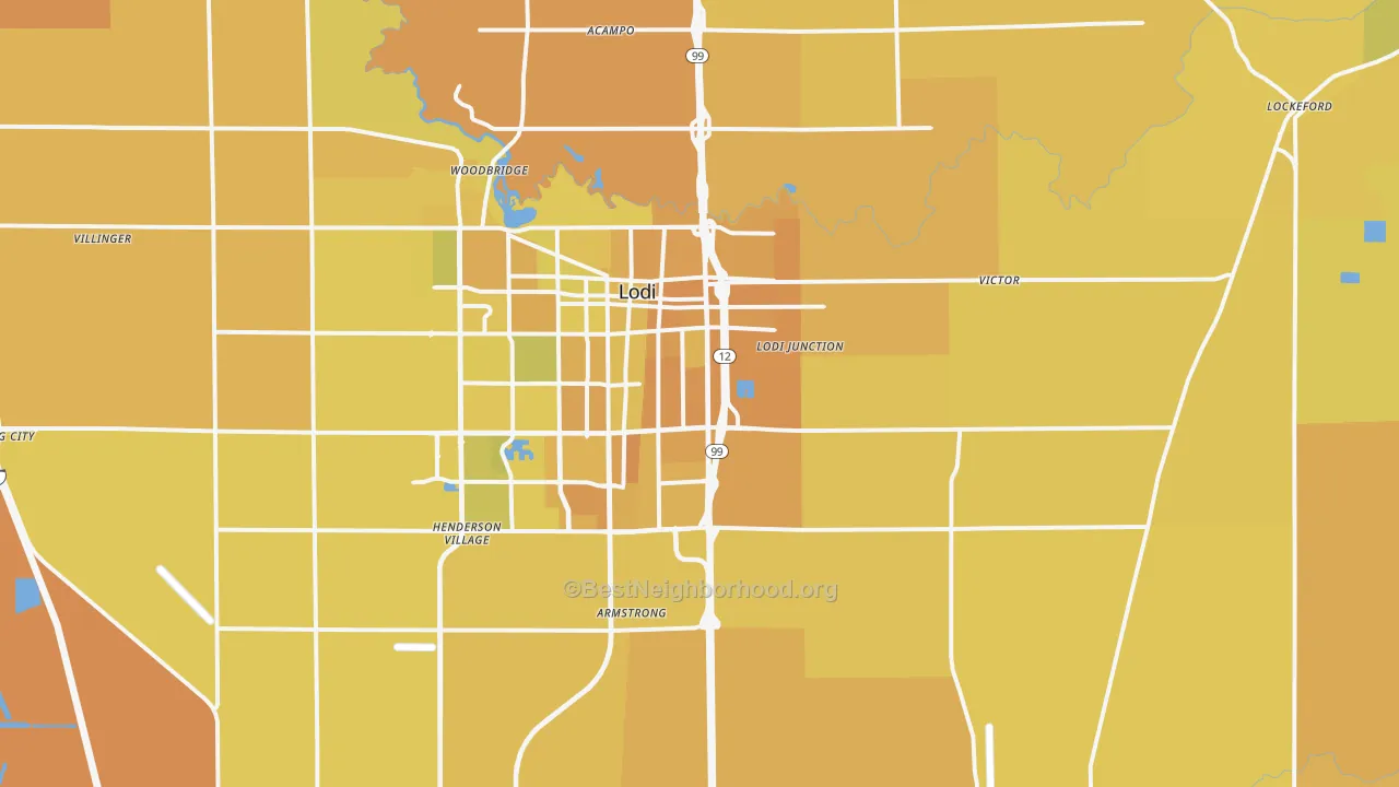 Map of the best neighborhoods in the 95240 area, with better matches in green and worse matches in red