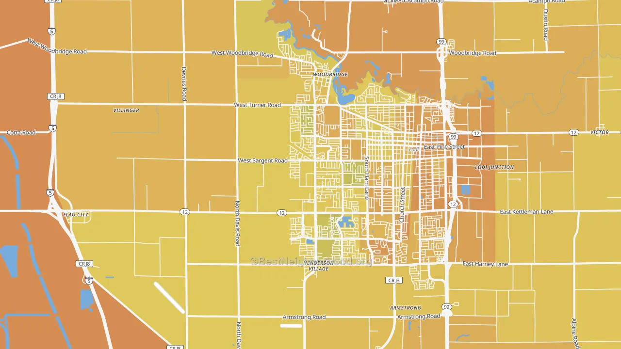 Map of the best neighborhoods in the 95242 area, with better matches in green and worse matches in red