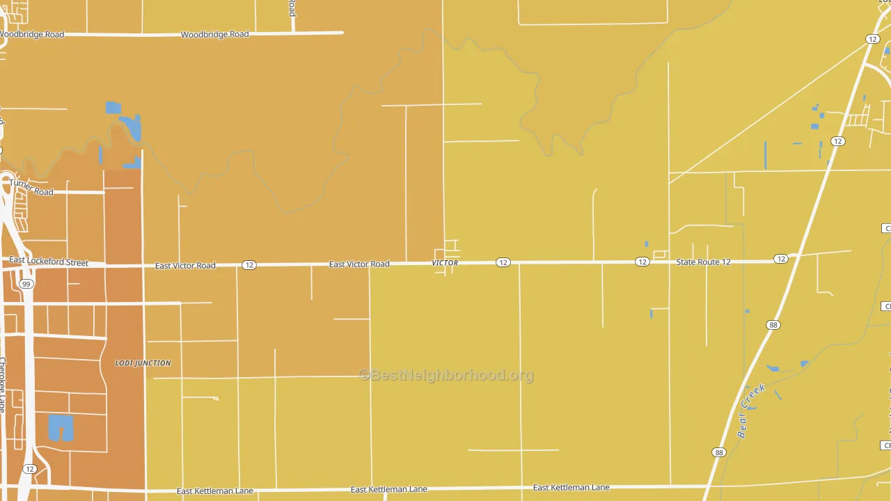 Map of the best neighborhoods in the 95253 area, with better matches in green and worse matches in red