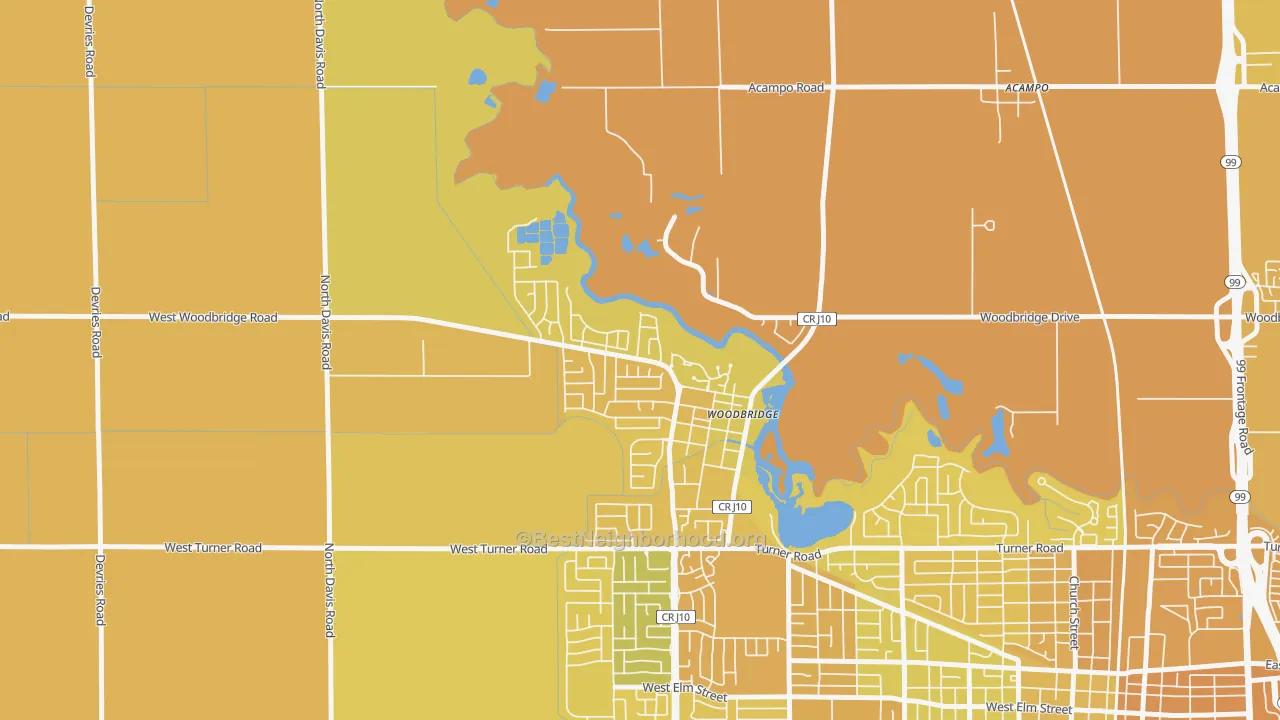Map of the best neighborhoods in the 95258 area, with better matches in green and worse matches in red