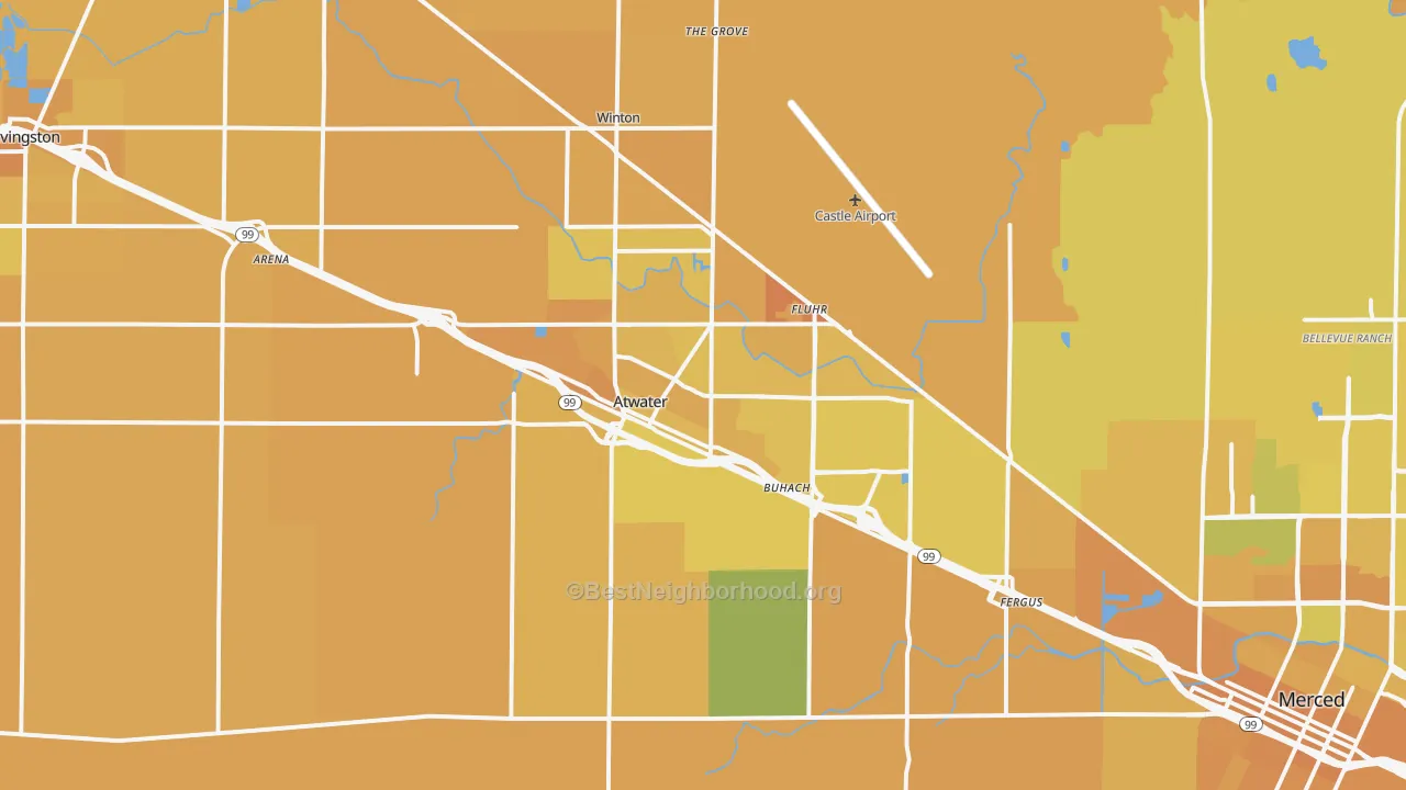 Map of the best neighborhoods in the 95301 area, with better matches in green and worse matches in red