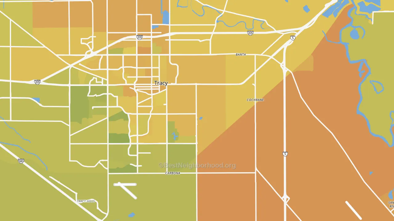 Map of the best neighborhoods in the 95304 area, with better matches in green and worse matches in red