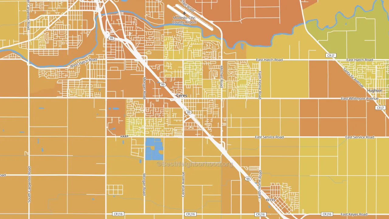 Map of the best neighborhoods in the 95307 area, with better matches in green and worse matches in red