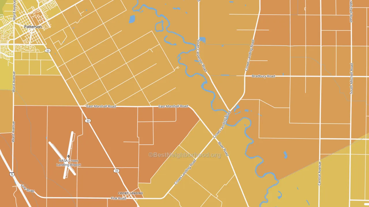 Map of the best neighborhoods in the 95313 area, with better matches in green and worse matches in red
