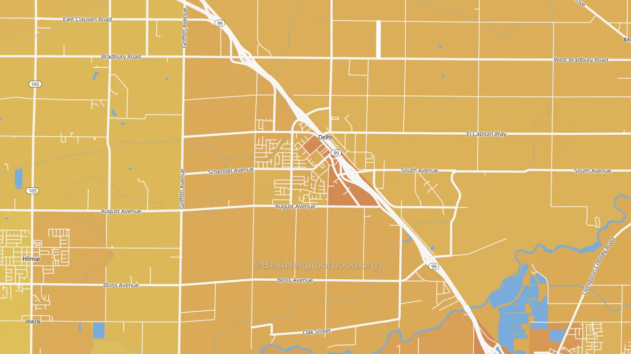 Map of the best neighborhoods in the 95315 area, with better matches in green and worse matches in red