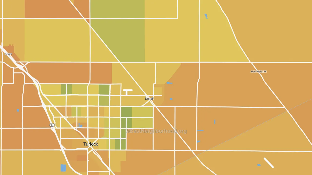 Map of the best neighborhoods in the 95316 area, with better matches in green and worse matches in red