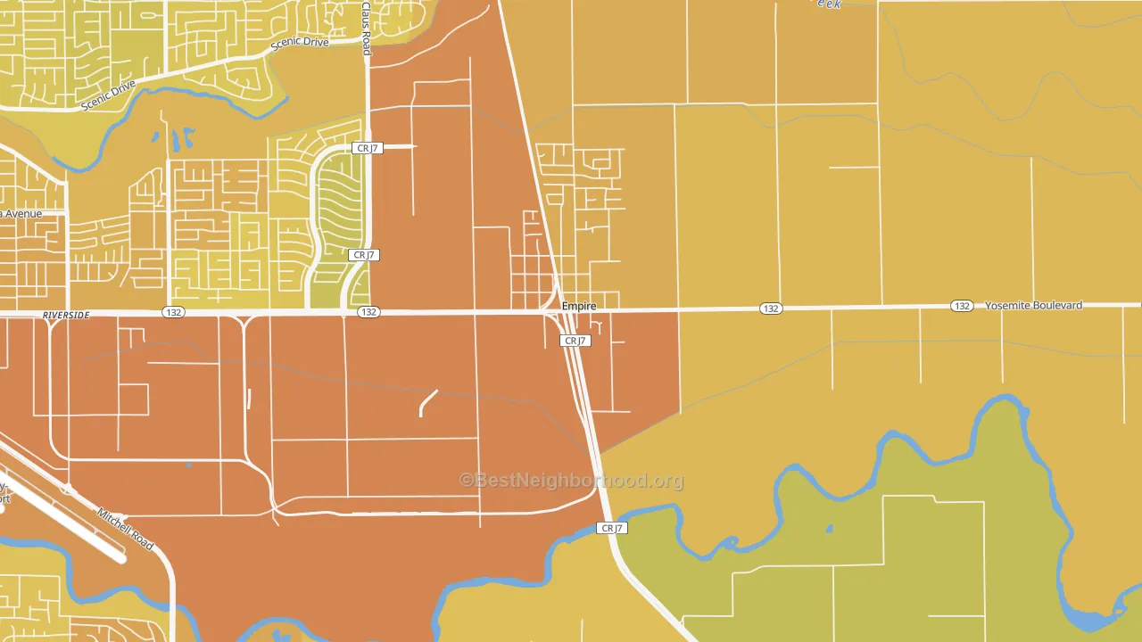 Map of the best neighborhoods in the 95319 area, with better matches in green and worse matches in red