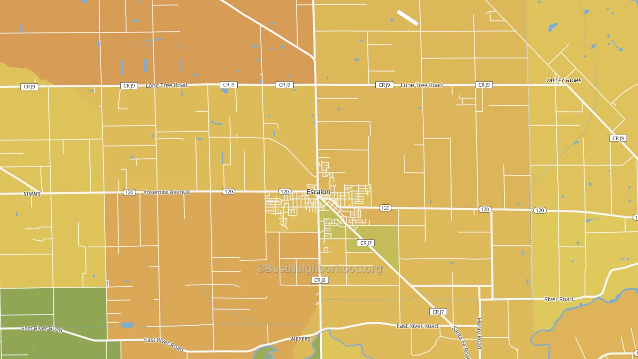 Map of the best neighborhoods in the 95320 area, with better matches in green and worse matches in red