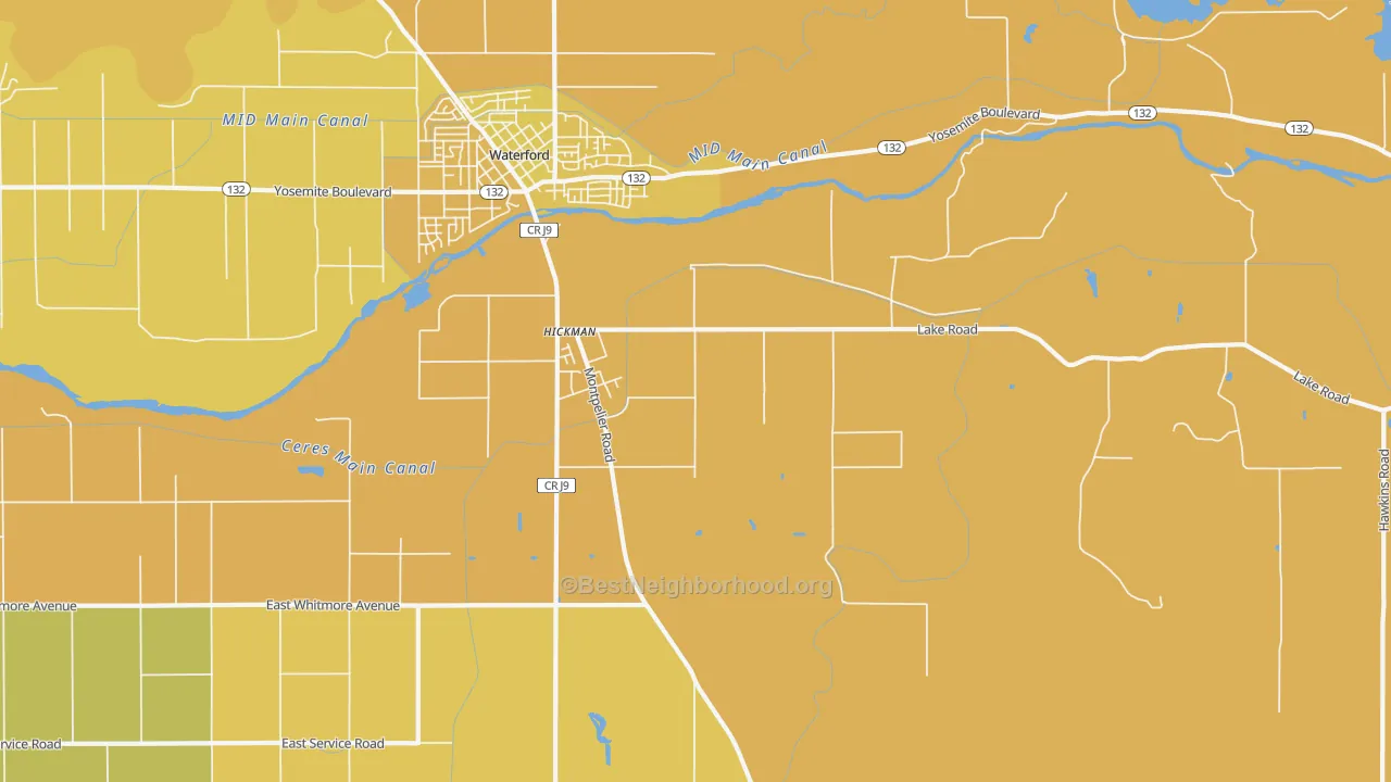 Map of the best neighborhoods in the 95323 area, with better matches in green and worse matches in red