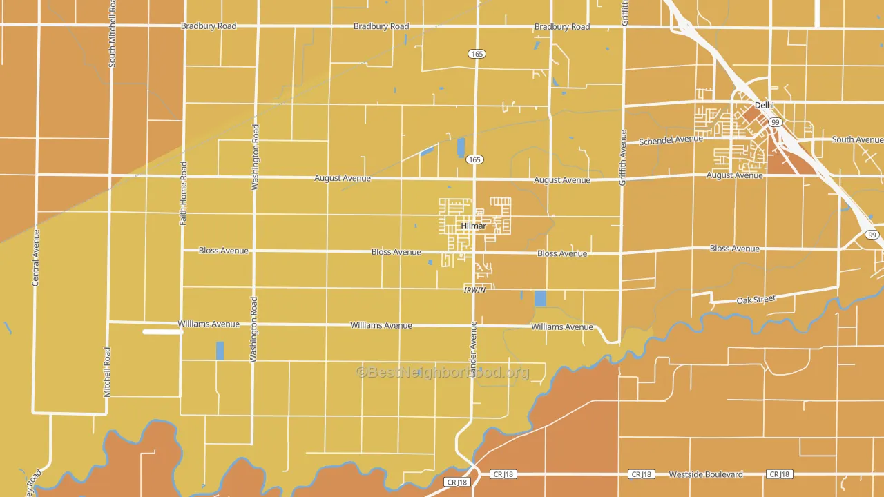 Map of the best neighborhoods in the 95324 area, with better matches in green and worse matches in red