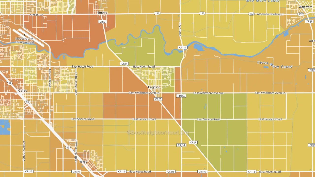 Map of the best neighborhoods in the 95326 area, with better matches in green and worse matches in red