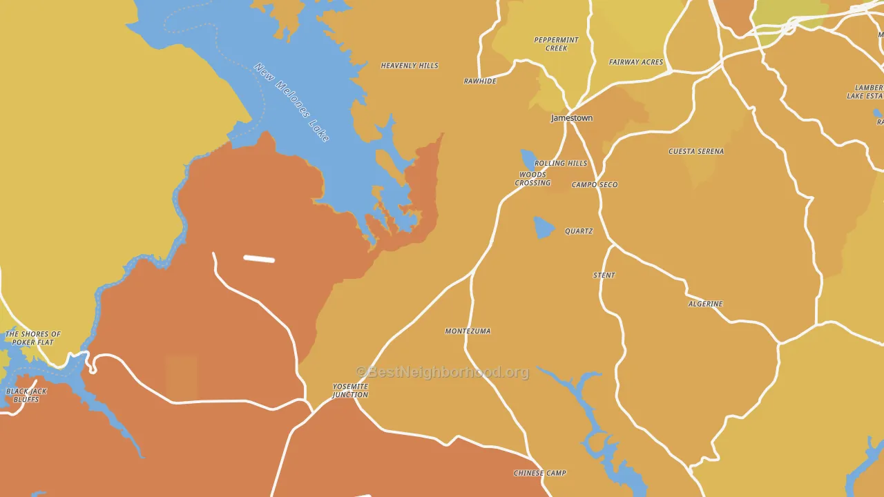 Map of the best neighborhoods in the 95327 area, with better matches in green and worse matches in red