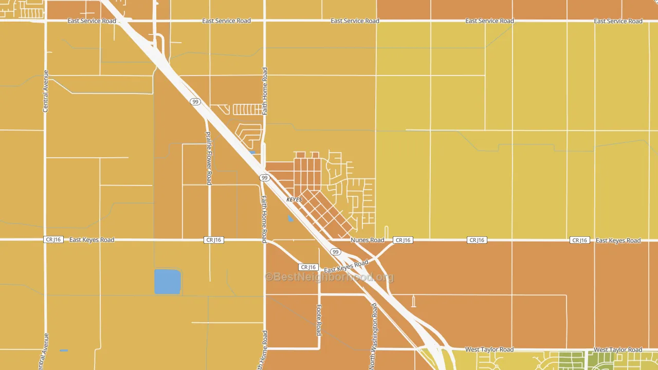 Map of the best neighborhoods in the 95328 area, with better matches in green and worse matches in red