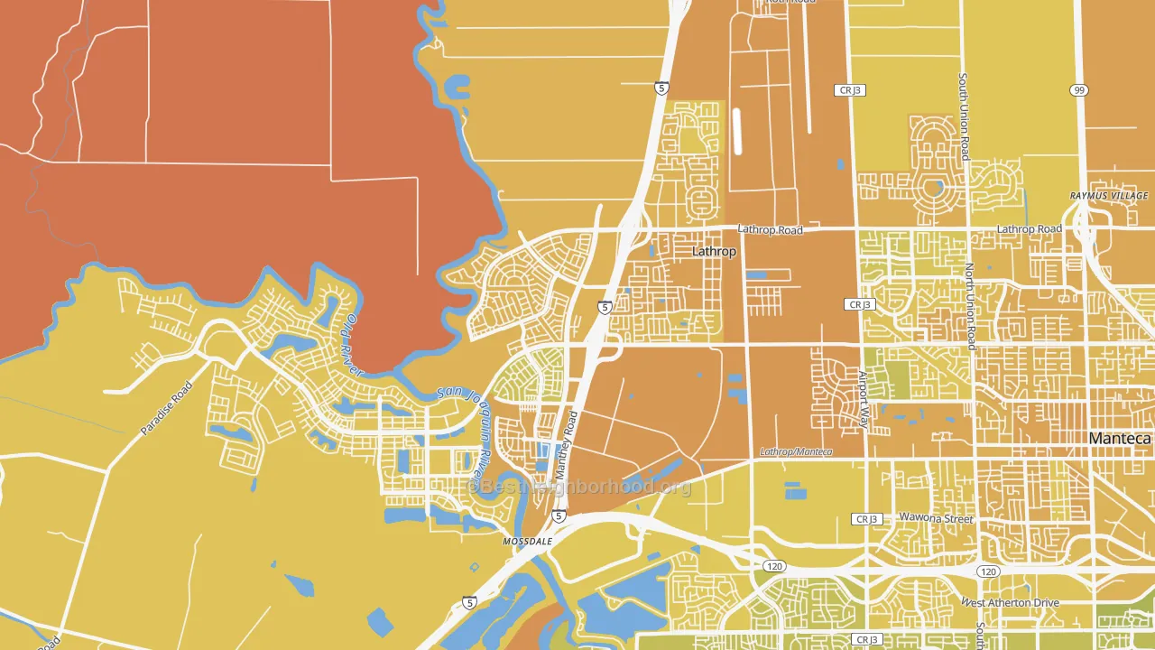 Map of the best neighborhoods in the 95330 area, with better matches in green and worse matches in red