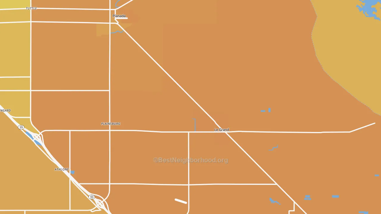 Map of the best neighborhoods in the 95333 area, with better matches in green and worse matches in red
