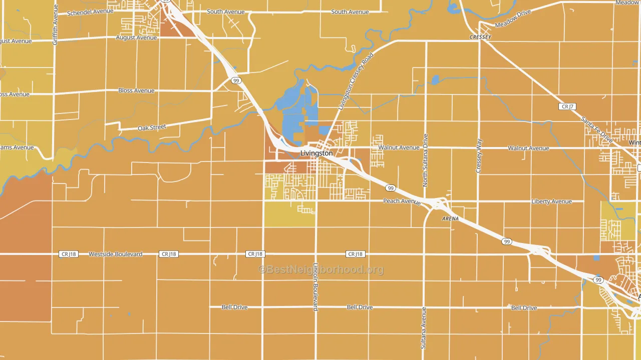 Map of the best neighborhoods in the 95334 area, with better matches in green and worse matches in red