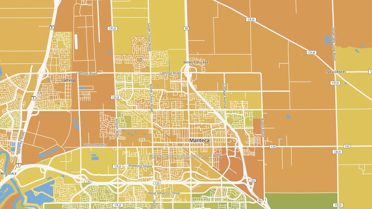 Map of the best neighborhoods in the 95336 area, with better matches in green and worse matches in red
