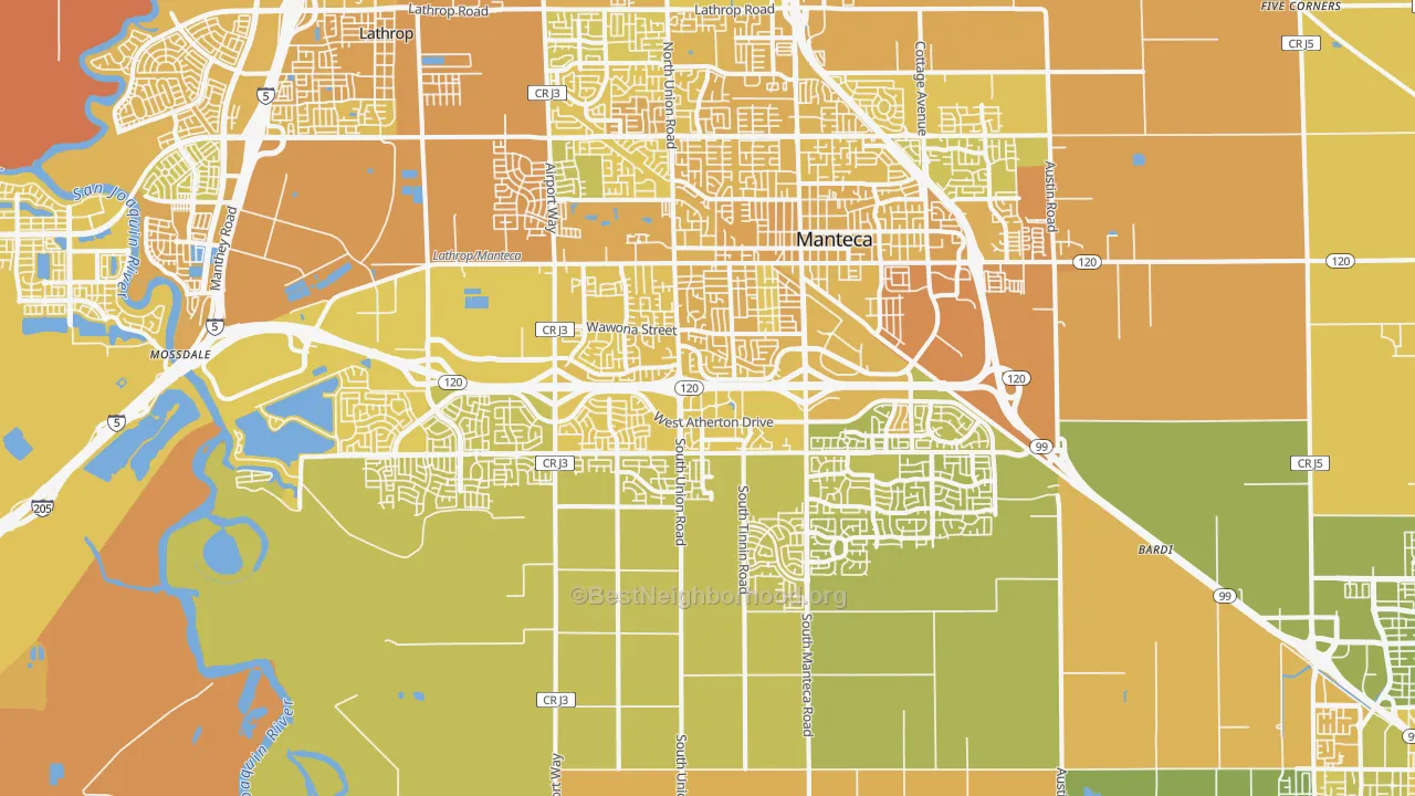 Map of the best neighborhoods in the 95337 area, with better matches in green and worse matches in red
