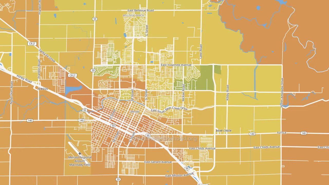 Map of the best neighborhoods in the 95340 area, with better matches in green and worse matches in red