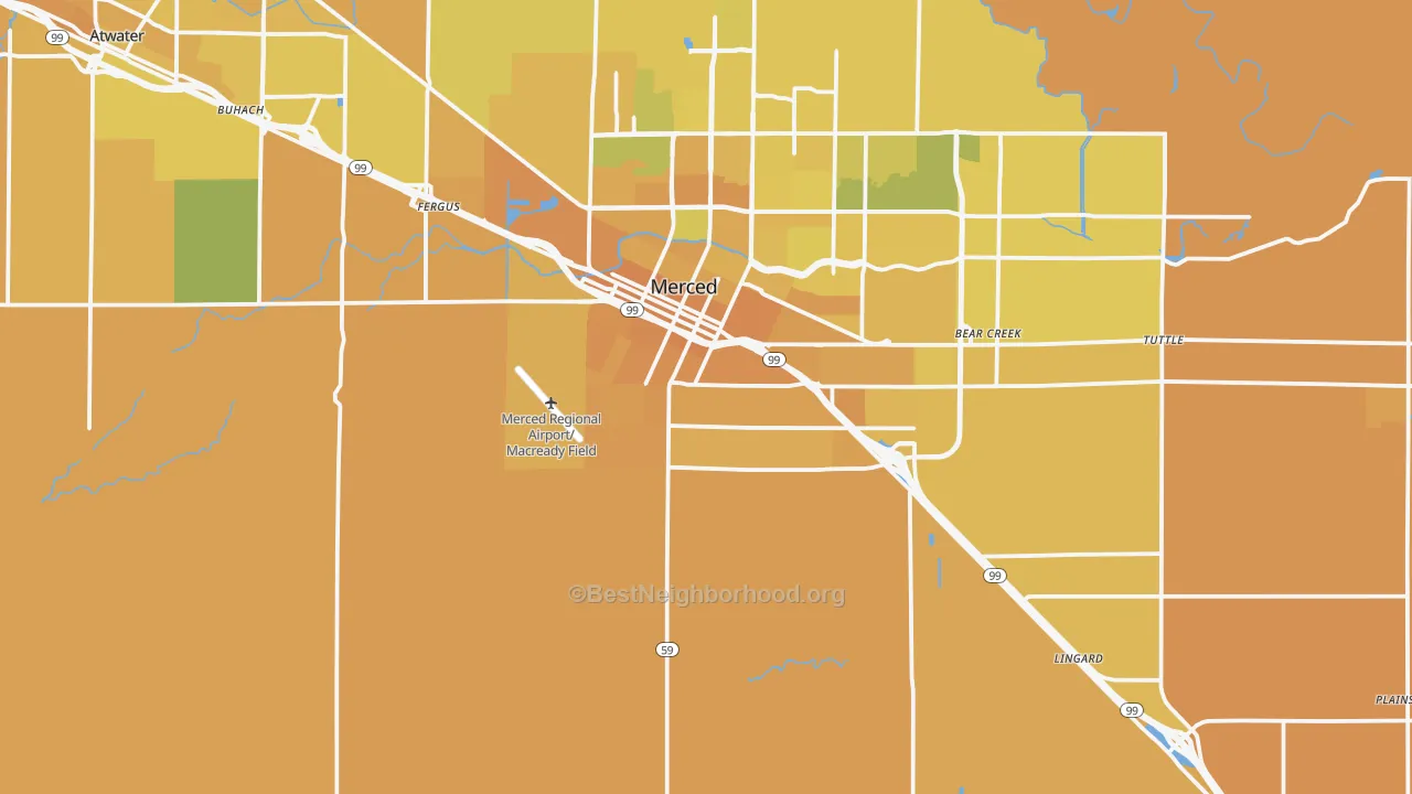Map of the best neighborhoods in the 95341 area, with better matches in green and worse matches in red