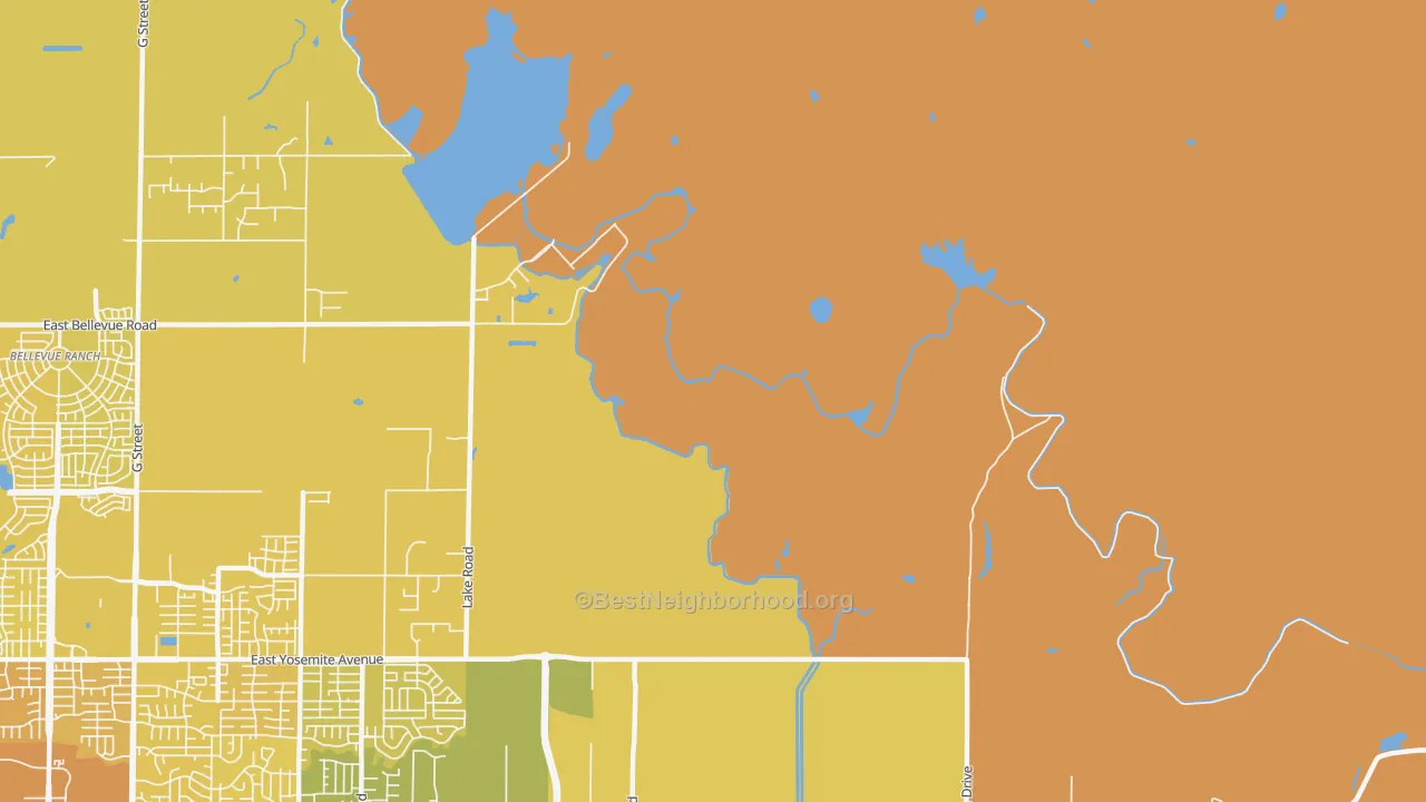 Map of the best neighborhoods in the 95343 area, with better matches in green and worse matches in red