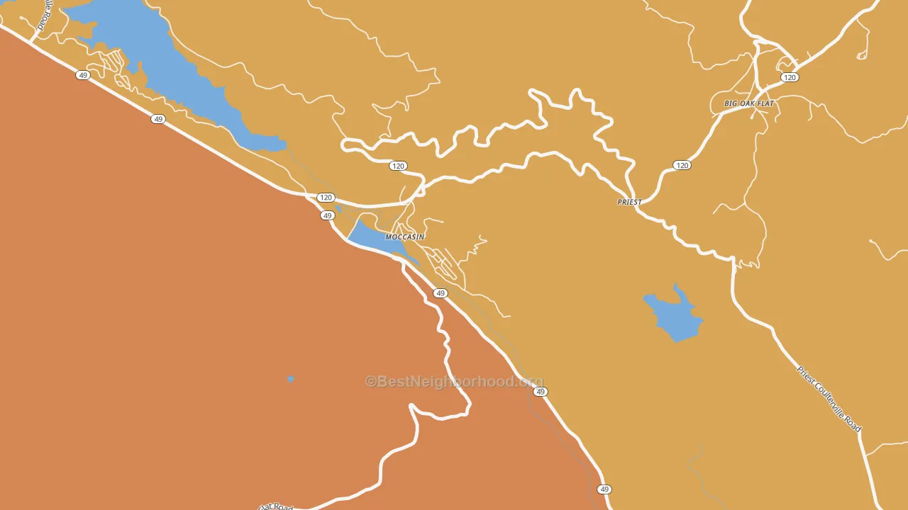 Map of the best neighborhoods in the 95347 area, with better matches in green and worse matches in red