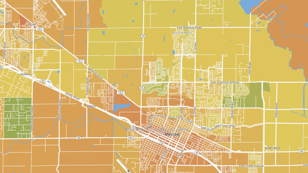 Map of the best neighborhoods in the 95348 area, with better matches in green and worse matches in red