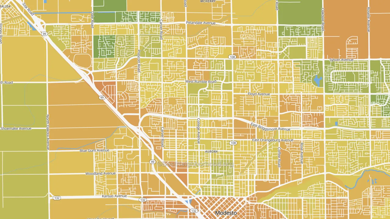 Map of the best neighborhoods in the 95350 area, with better matches in green and worse matches in red