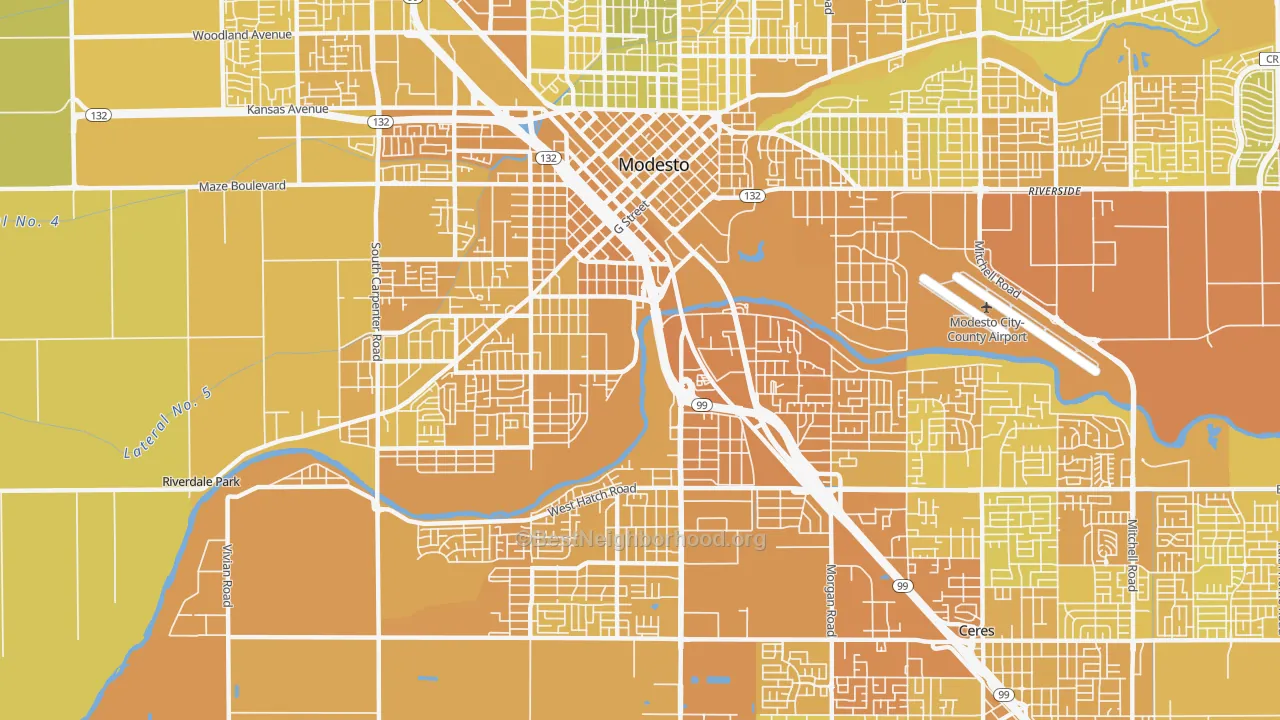 Map of the best neighborhoods in the 95351 area, with better matches in green and worse matches in red