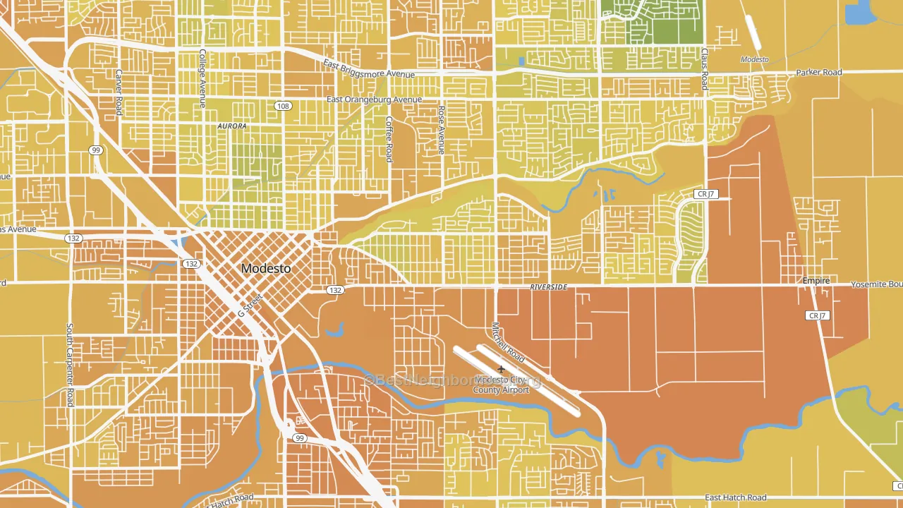 Map of the best neighborhoods in the 95354 area, with better matches in green and worse matches in red