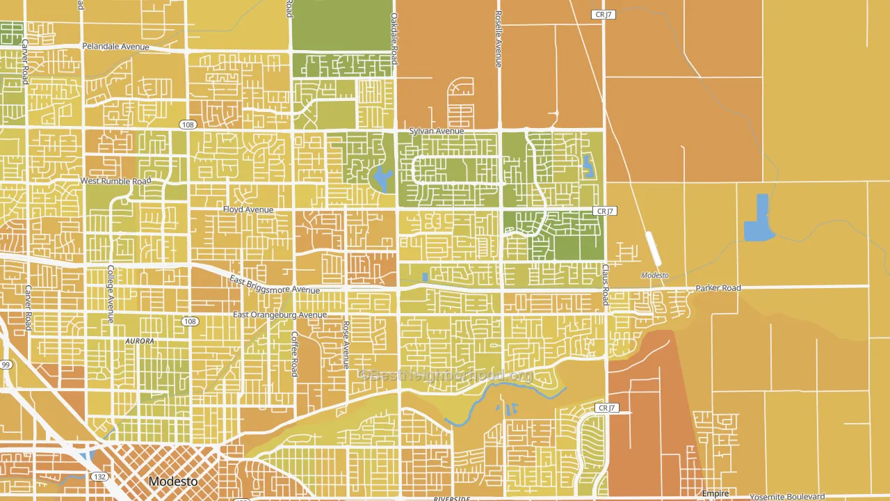 Map of the best neighborhoods in the 95355 area, with better matches in green and worse matches in red