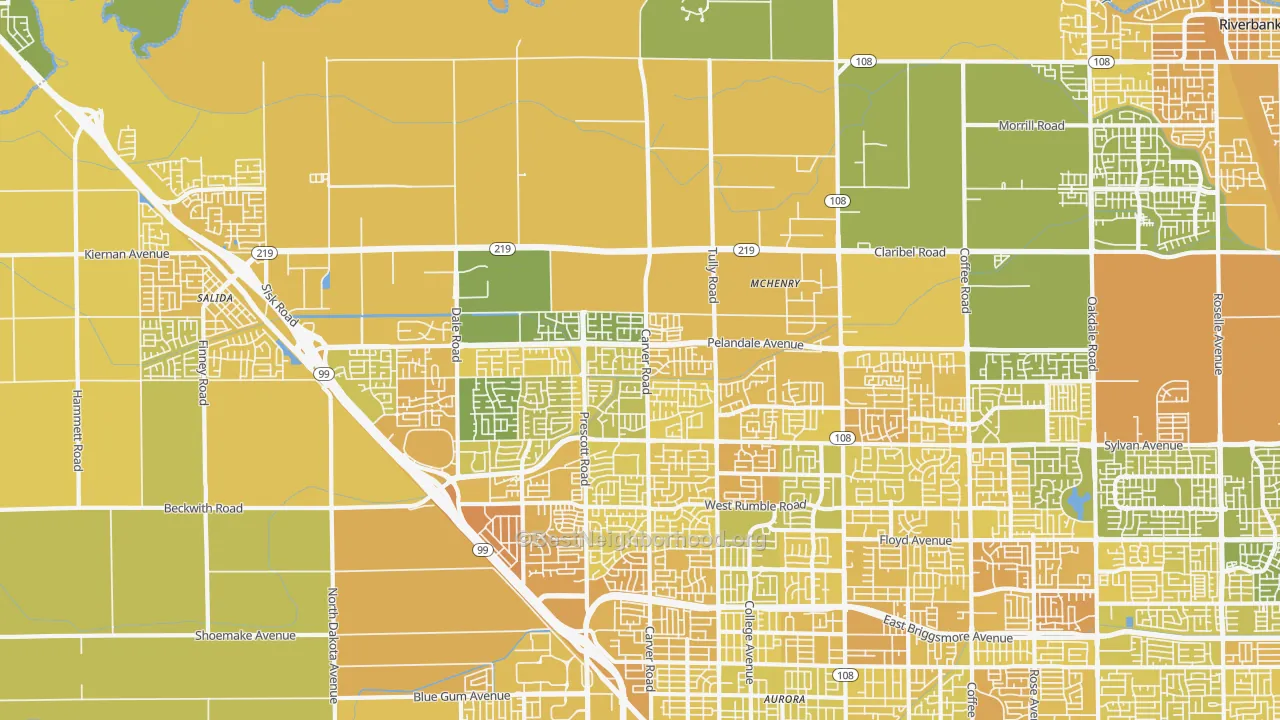 Map of the best neighborhoods in the 95356 area, with better matches in green and worse matches in red